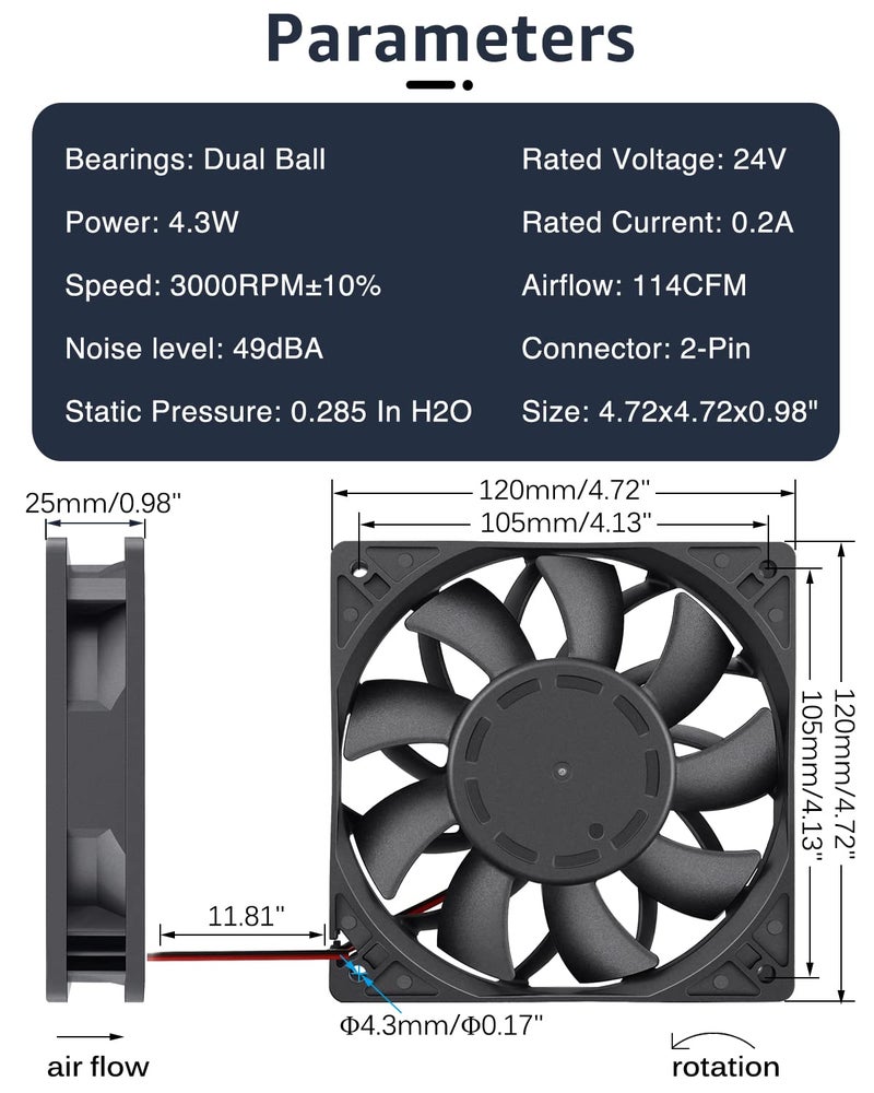 GDSTIME 120mm x 25mm High Static Pressure PC Fan 24V, Dual Ball Bearing High Performance DC Brushless Case Cooling Fan 2-Pin - Image 4